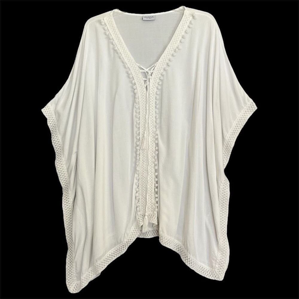 Bindya New York Caftan White Pom Poms Crochet Resortwear Cruise Boho Lace Up O/S
